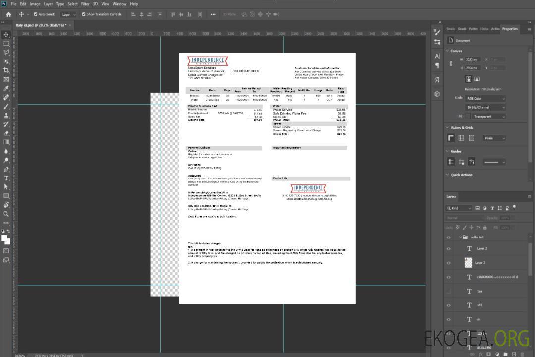 Modèle de facture de services publics des États-Unis Missouri Independence Utilities aux formats Word et PDF, version 2 template